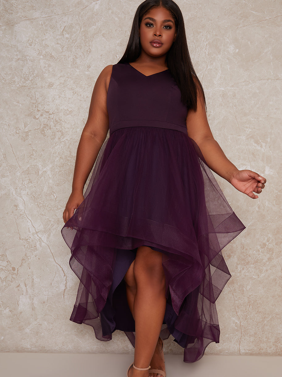 Plus Size Tulle Dip Hem V Neck Dress in ...